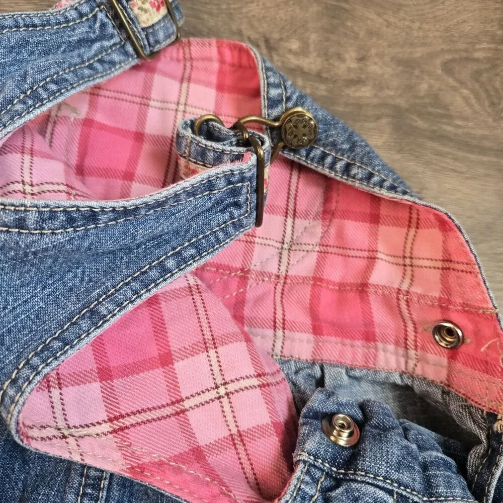 OshKosh B’gosh Vintage Girls 12M Blue Denim Overall Dress Heart Pink Plaid Y2K